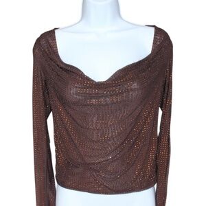 Zara Brown Sheer Long Sleeve Rhinestone Blouse Size S